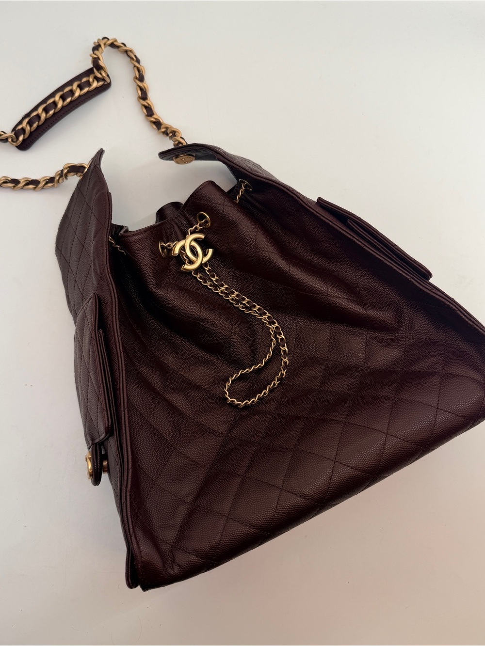 Quilted Drawstring Hobo Shoulder Bag in Deep Burgundy with Gold CC Chain